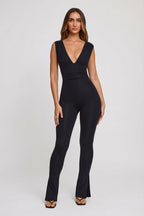 Chic Plunge Neck Ruched Waist Jumpsuit in Black
