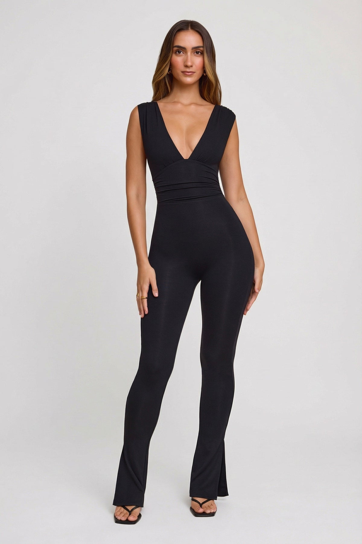Chic Plunge Neck Ruched Waist Jumpsuit in Black