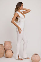 Chic Plunge Neck Ruched Waist Jumpsuit in White