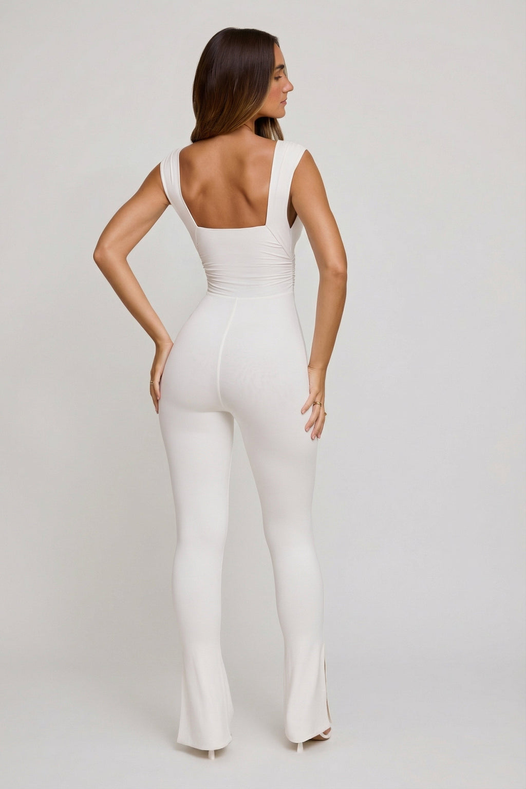 Chic Plunge Neck Ruched Waist Jumpsuit in White