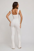 Chic Plunge Neck Ruched Waist Jumpsuit in White