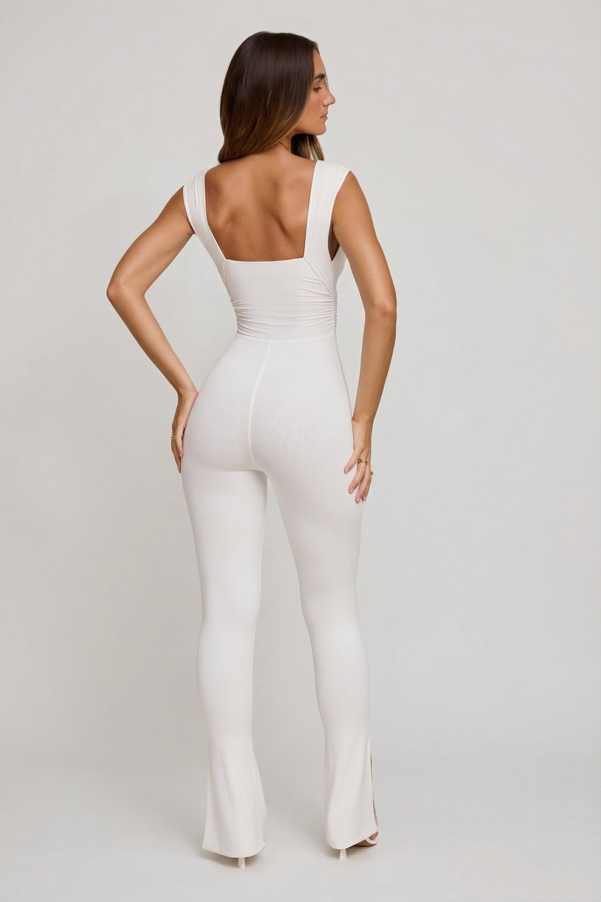 Chic Plunge Neck Ruched Waist Jumpsuit in White