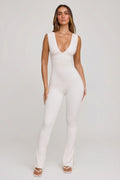 Chic Plunge Neck Ruched Waist Jumpsuit in White