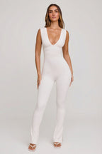 Chic Plunge Neck Ruched Waist Jumpsuit in White