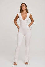 Chic Plunge Neck Ruched Waist Jumpsuit in White
