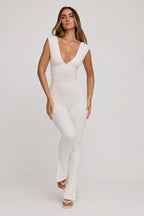 Chic Plunge Neck Ruched Waist Jumpsuit in White