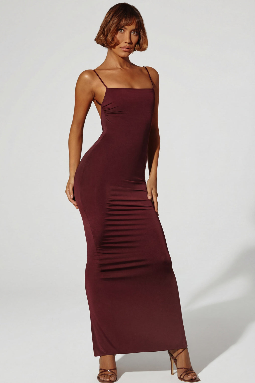 Chic Ruched Bodycon Maxi Dress in Brown