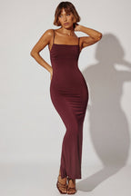 Chic Ruched Bodycon Maxi Dress in Brown