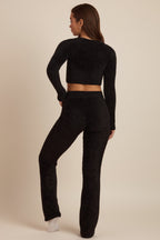 Chic Fluffy Knit Wide-Leg Trousers in Black