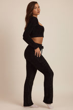 Chic Fluffy Knit Wide-Leg Trousers in Black