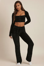 Chic Fluffy Knit Wide-Leg Trousers in Black