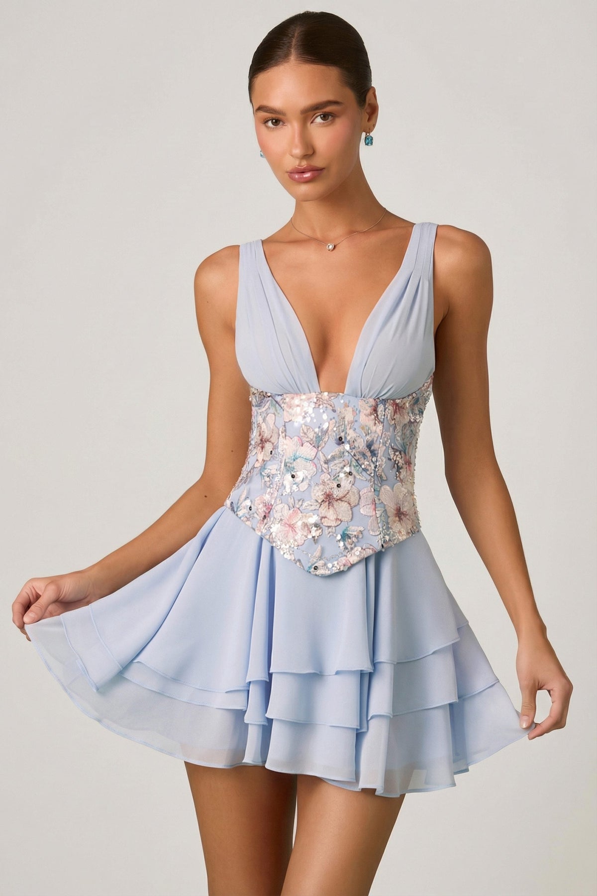 Chic Embellished Ruffled Corset Mini Dress in Floral Blue