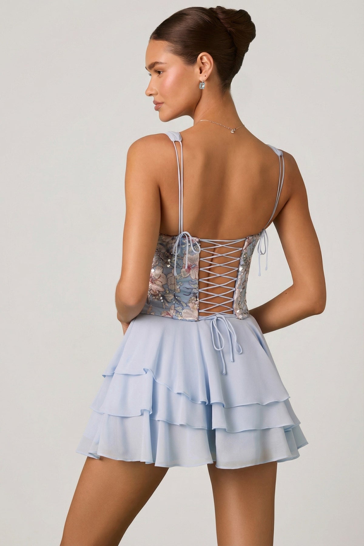 Chic Embellished Ruffled Corset Mini Dress in Floral Blue