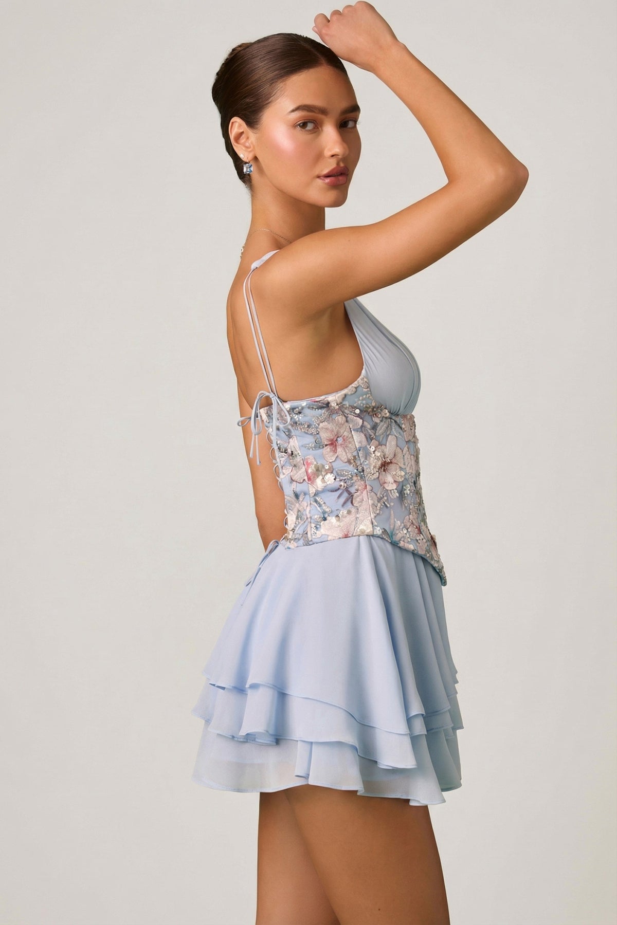 Chic Embellished Ruffled Corset Mini Dress in Floral Blue