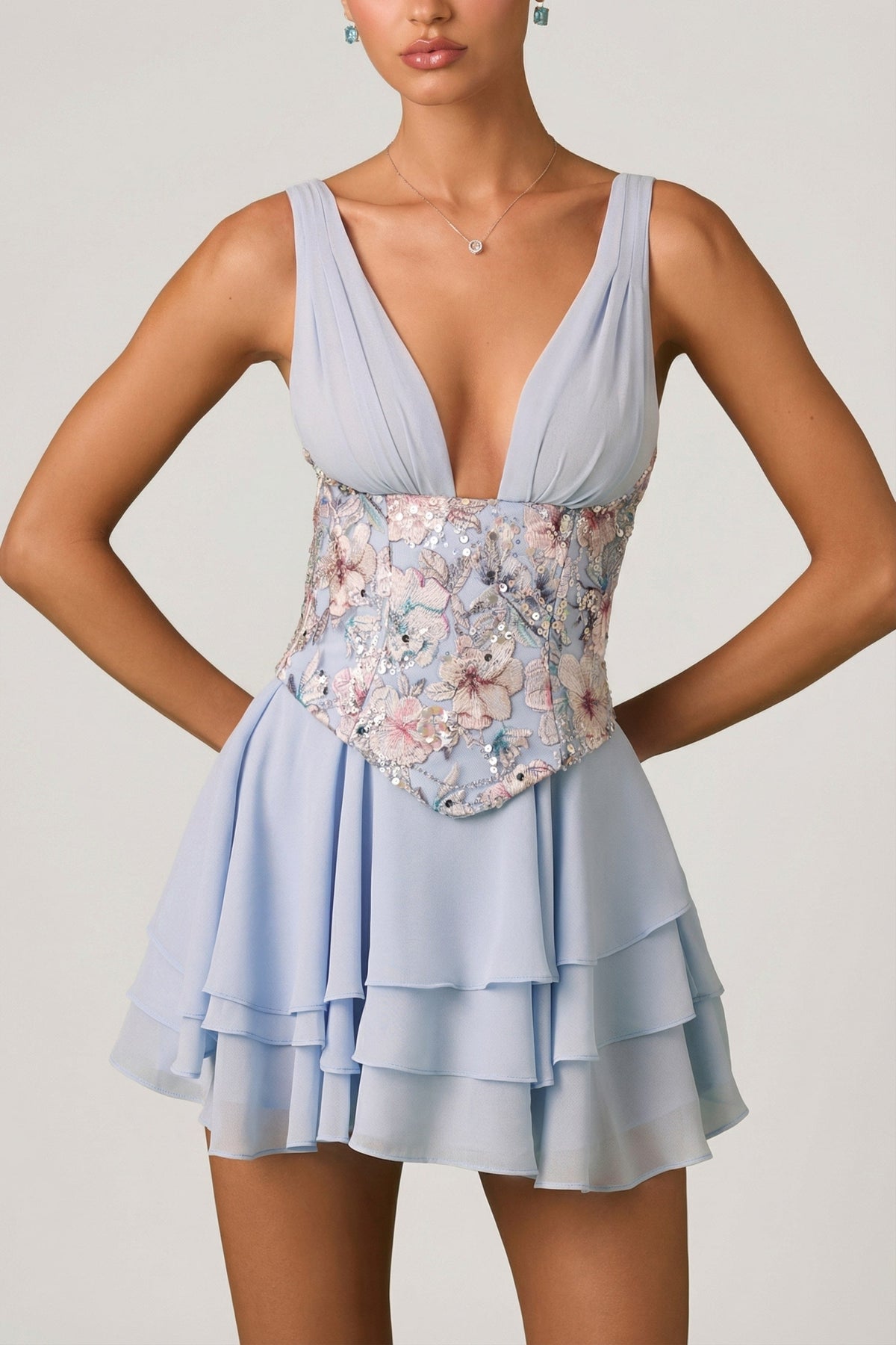 Chic Embellished Ruffled Corset Mini Dress in Floral Blue