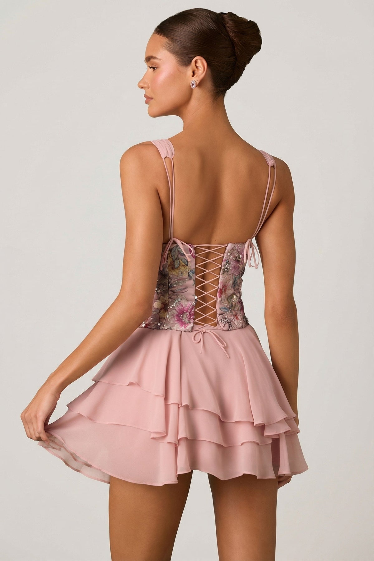 Chic Embellished Ruffled Corset Mini Dress in Floral Pink