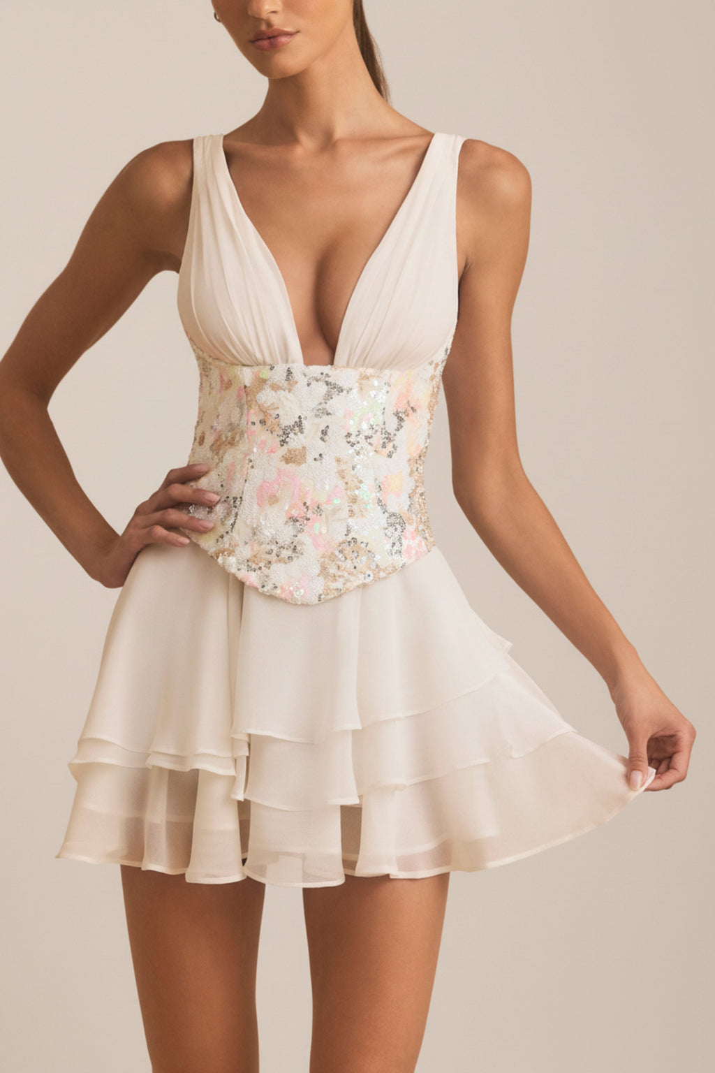 Chic Embellished Ruffled Corset Mini Dress in Ivory