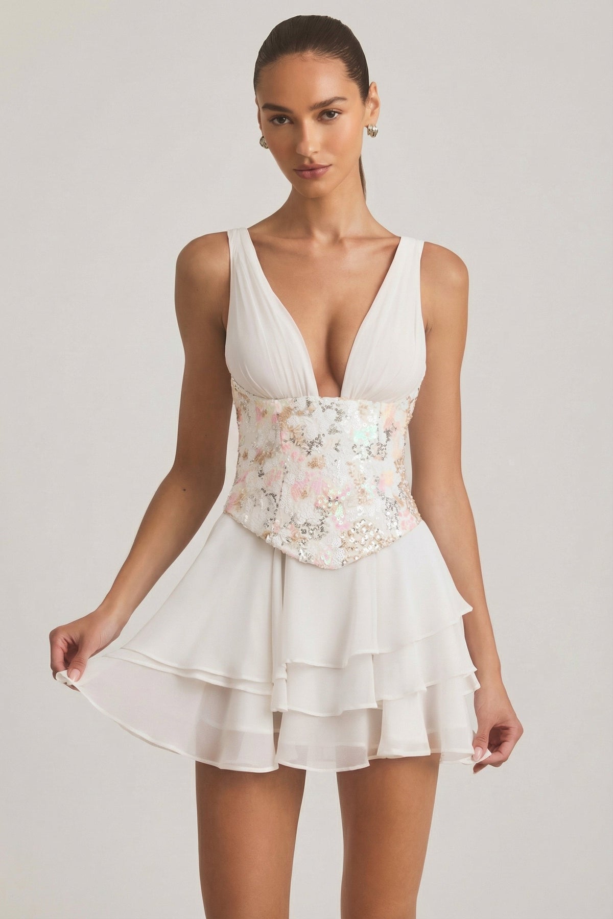 Chic Embellished Ruffled Corset Mini Dress in Ivory