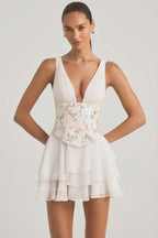 Chic Embellished Ruffled Corset Mini Dress in Ivory