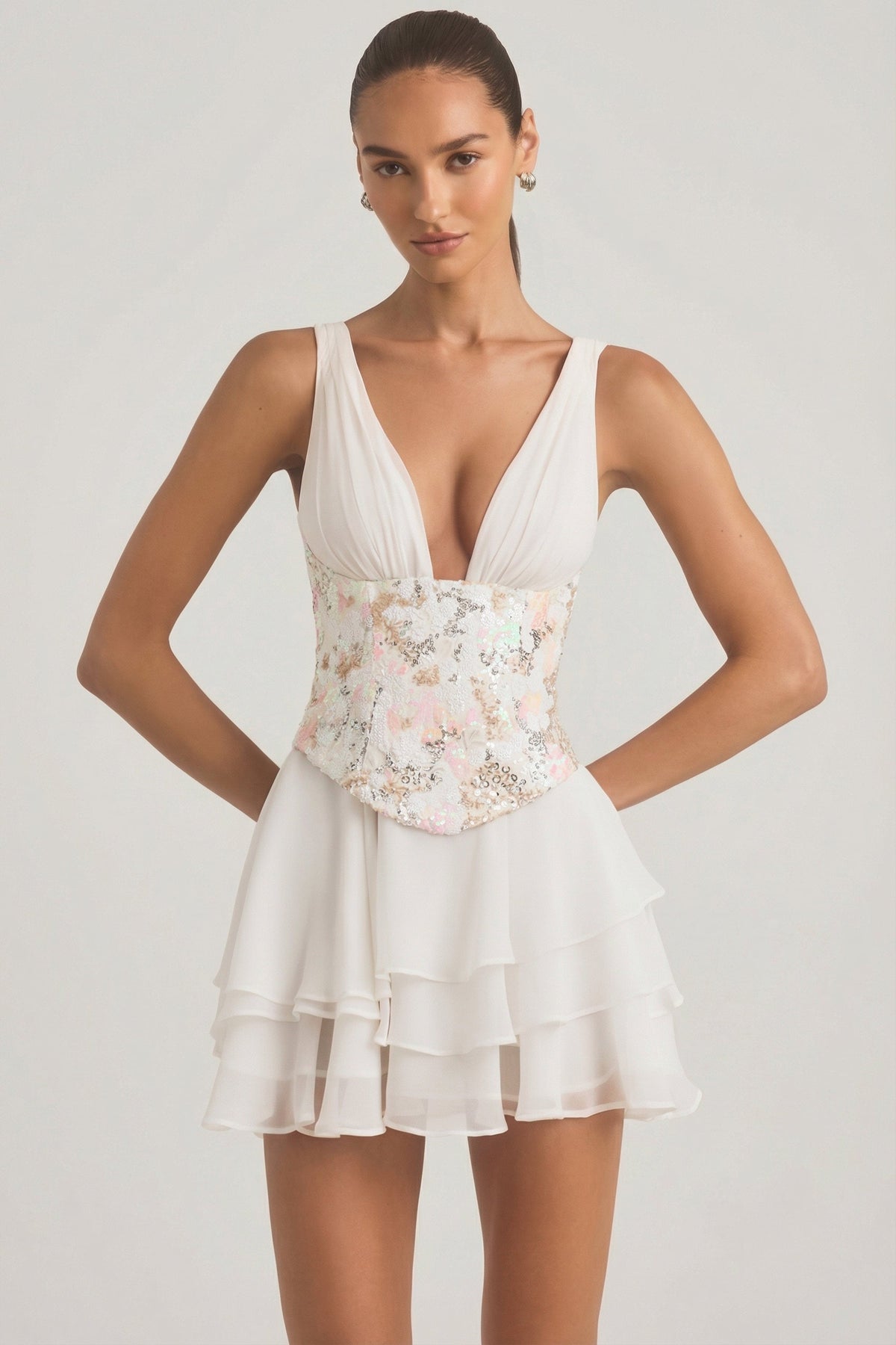 Chic Embellished Ruffled Corset Mini Dress in Ivory