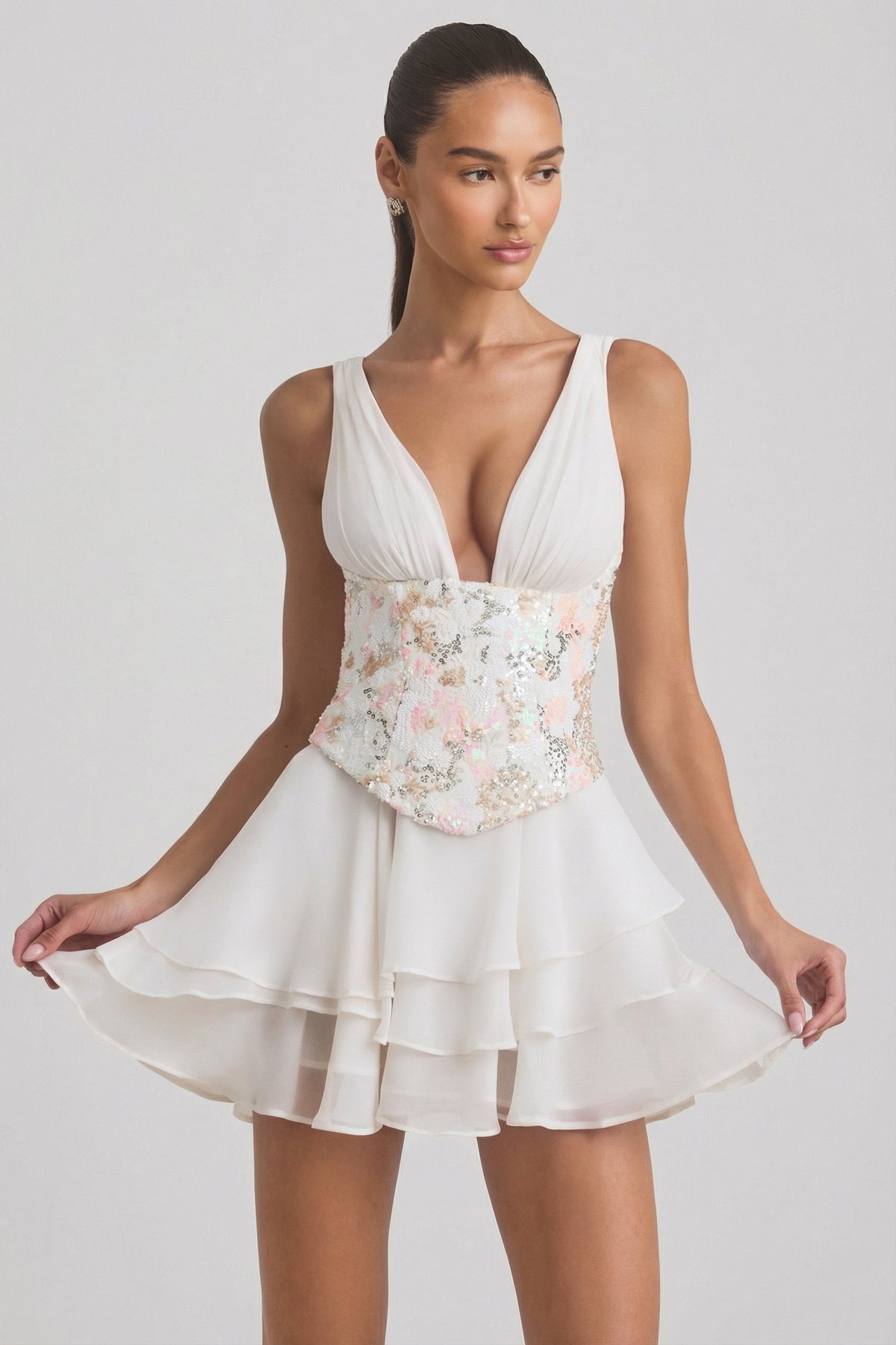 Chic Embellished Ruffled Corset Mini Dress in Ivory