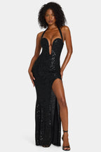 Chic Embellished Halterneck Gown in Black