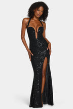 Chic Embellished Halterneck Gown in Black