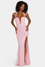 Chic Embellished Halterneck Gown in Lavender Pink