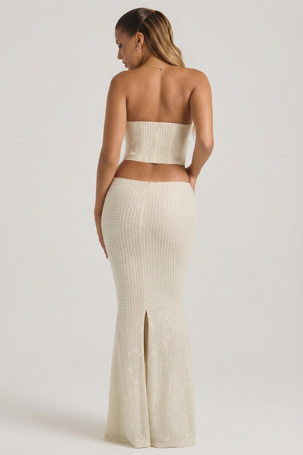 Chic Embellished Cut-Out Draped Corset Gown in White
