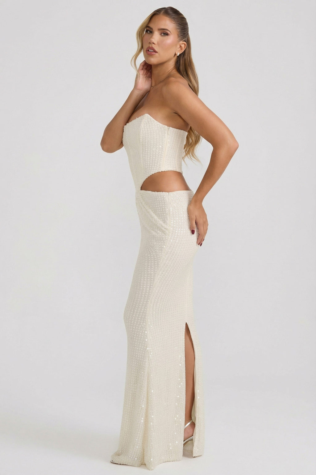Chic Embellished Cut-Out Draped Corset Gown in White