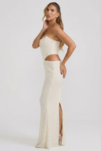 Chic Embellished Cut-Out Draped Corset Gown in White