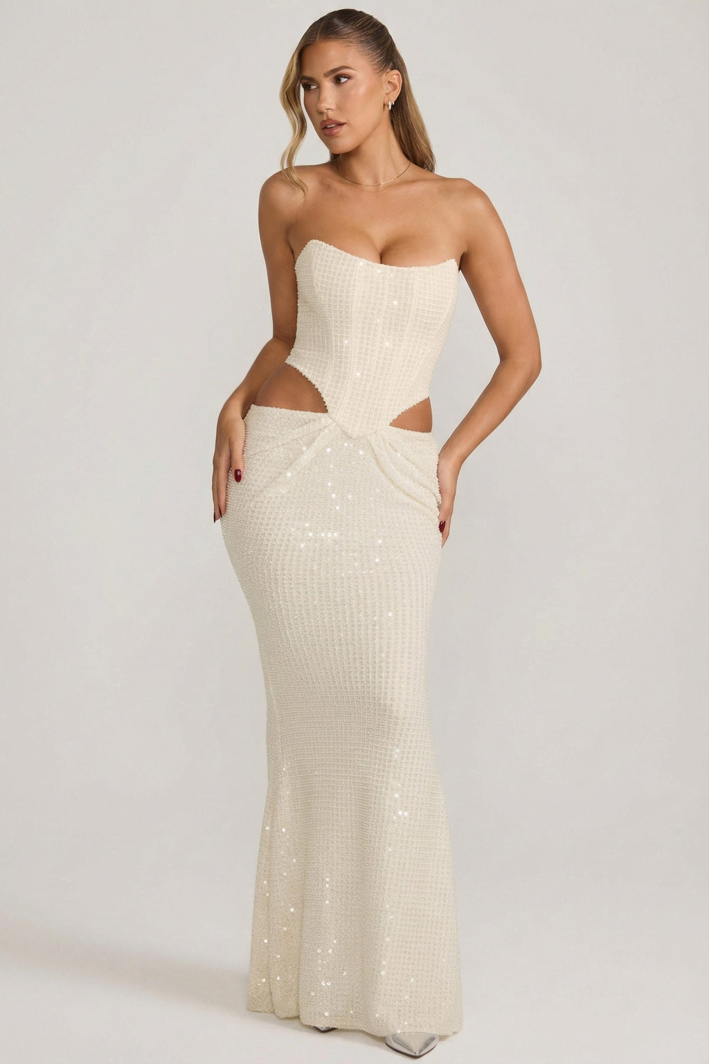 Chic Embellished Cut-Out Draped Corset Gown in White