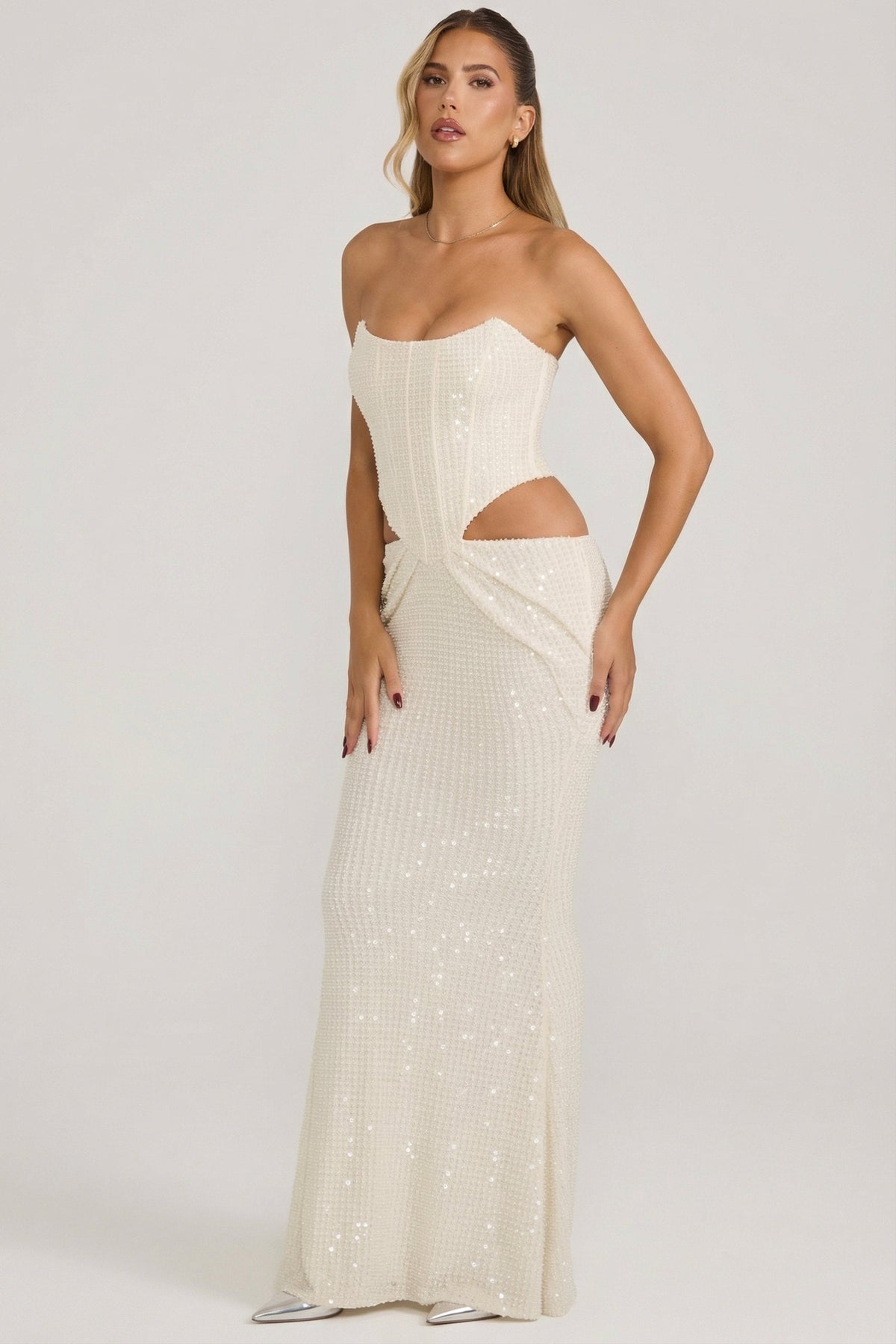 Chic Embellished Cut-Out Draped Corset Gown in White