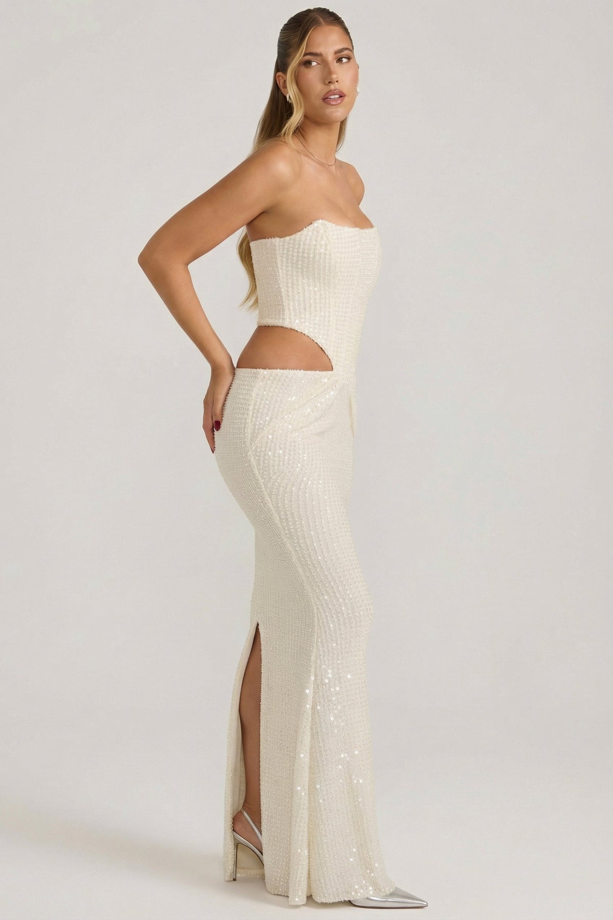 Chic Embellished Cut-Out Draped Corset Gown in White