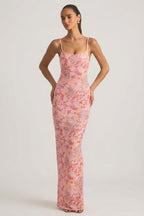 Chic Embellished Scoop-Neck Backless Maxi Dress in Pink