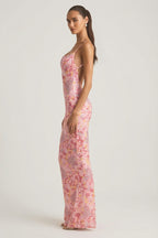 Chic Embellished Scoop-Neck Backless Maxi Dress in Pink