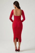 Chic Layered Bra-Detail Ruched Midaxi Dress in Red