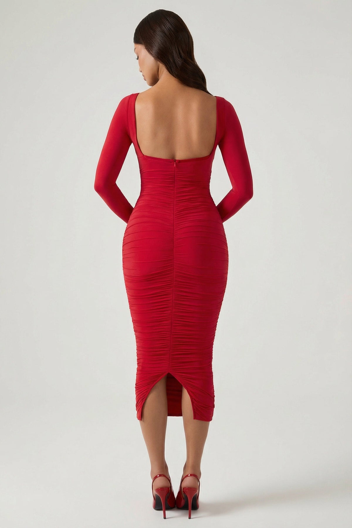 Chic Layered Bra-Detail Ruched Midaxi Dress in Red