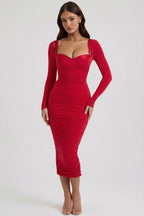 Chic Layered Bra-Detail Ruched Midaxi Dress in Red