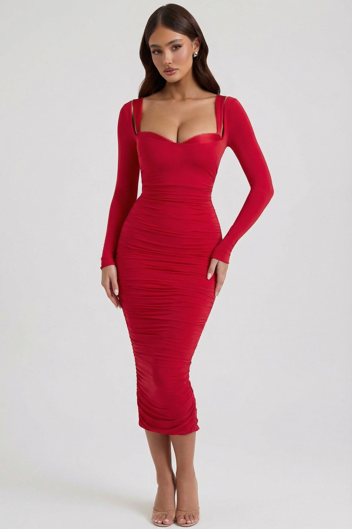 Chic Layered Bra-Detail Ruched Midaxi Dress in Red