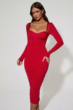 Chic Layered Bra-Detail Ruched Midaxi Dress in Red