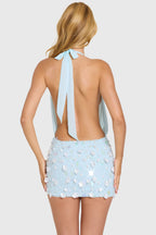 Chic Embellished Skirt Chiffon Mini Dress in Aqua