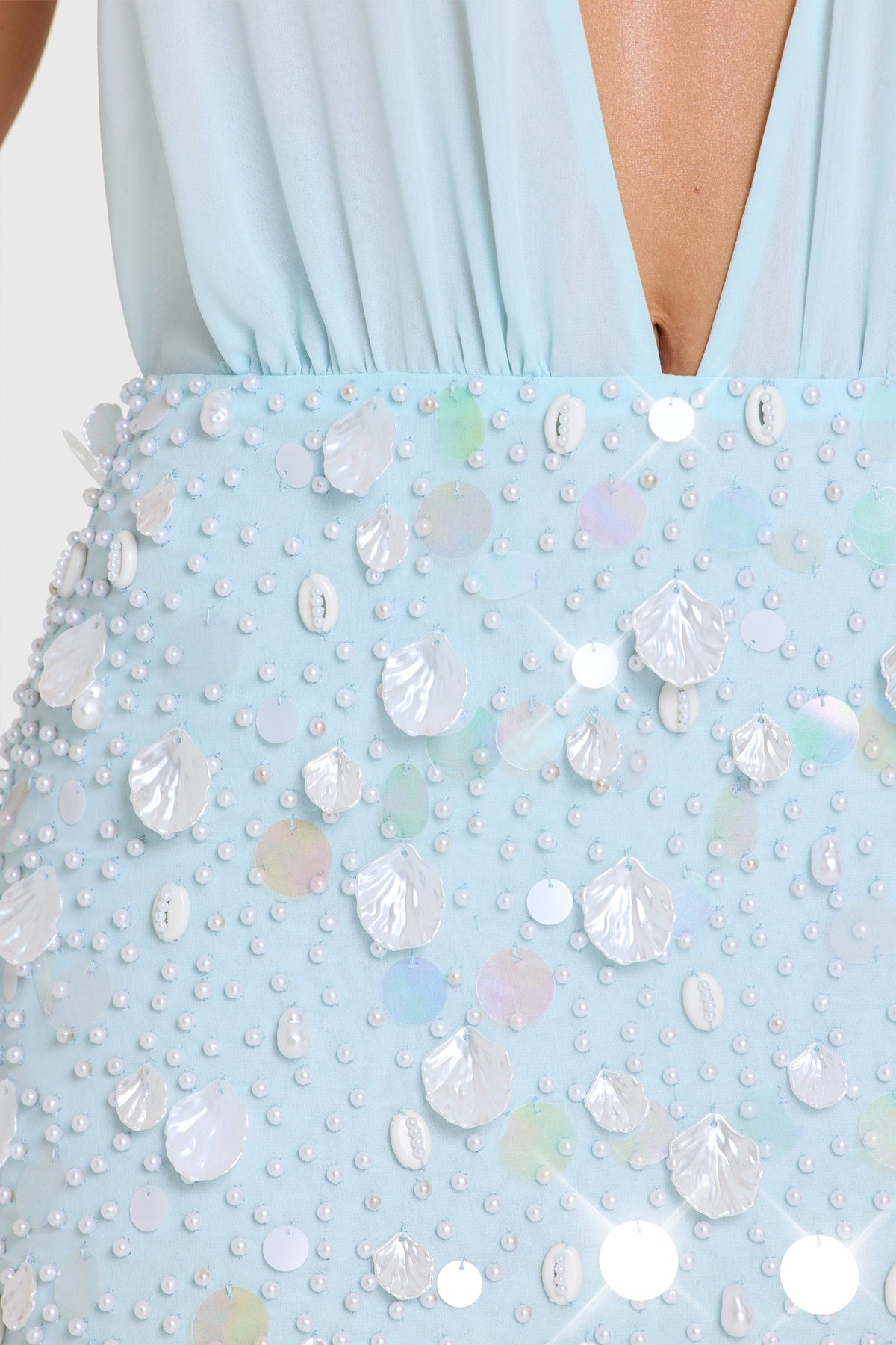 Chic Embellished Skirt Chiffon Mini Dress in Aqua