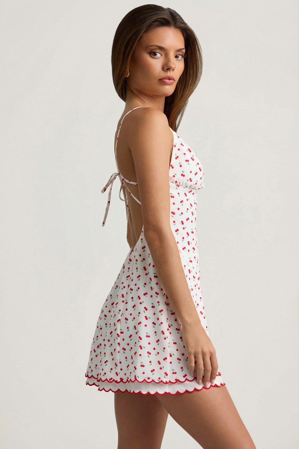 Chic Scalloped Backless A-Line Mini Dress in Cherry Print