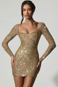 Chic Embellished Sweetheart-Neck Mini Dress in Gold