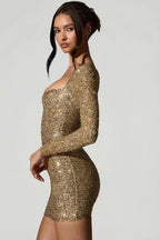 Chic Embellished Sweetheart-Neck Mini Dress in Gold