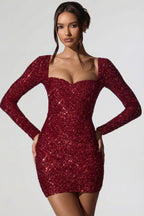 Chic Embellished Sweetheart-Neck Mini Dress in Red