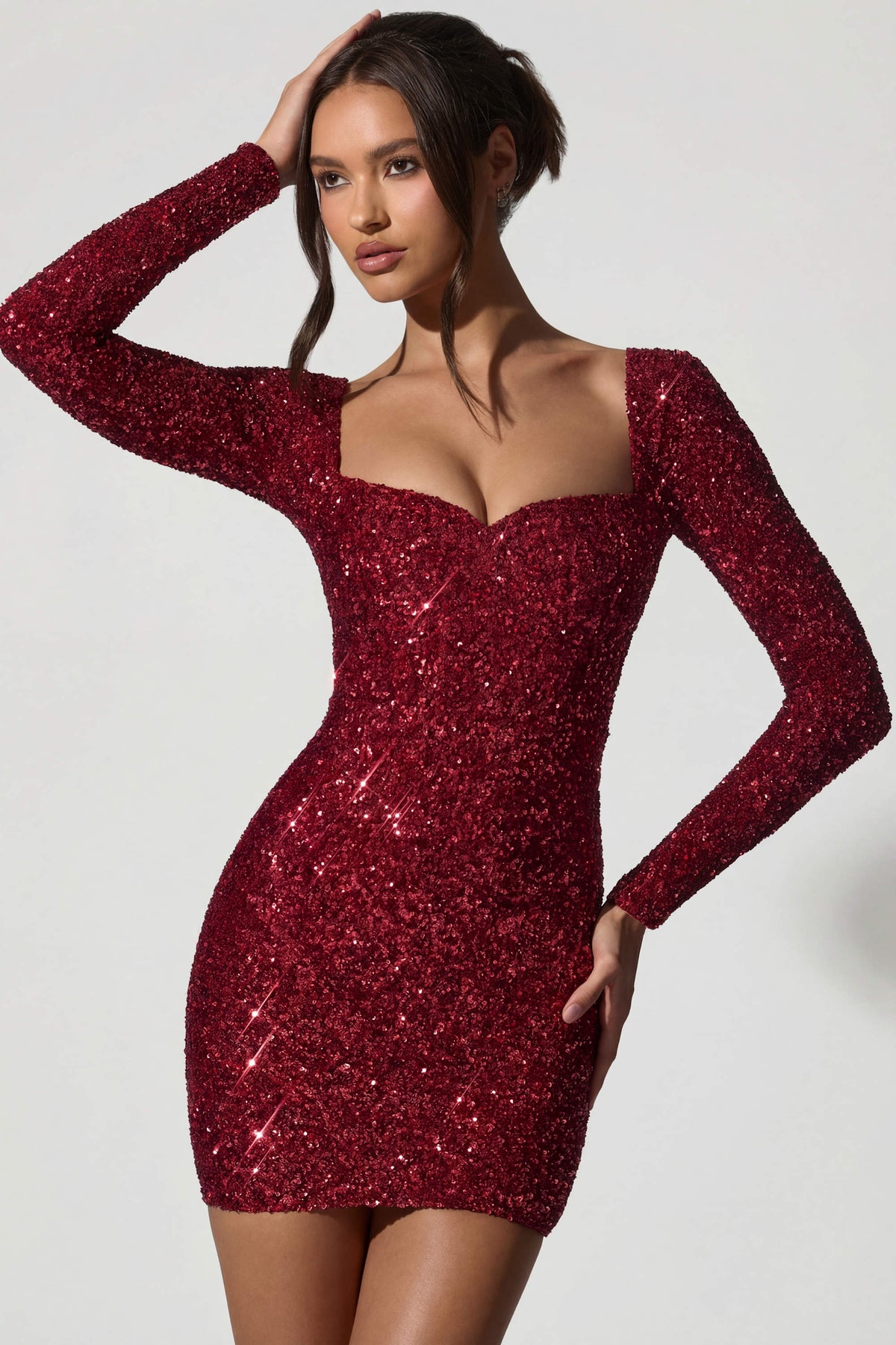 Chic Embellished Sweetheart-Neck Mini Dress in Red