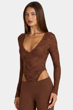 Chic Lace Long-Sleeve Bodysuit in Cocoa Brown
