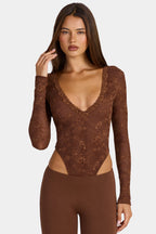 Chic Lace Long-Sleeve Bodysuit in Cocoa Brown